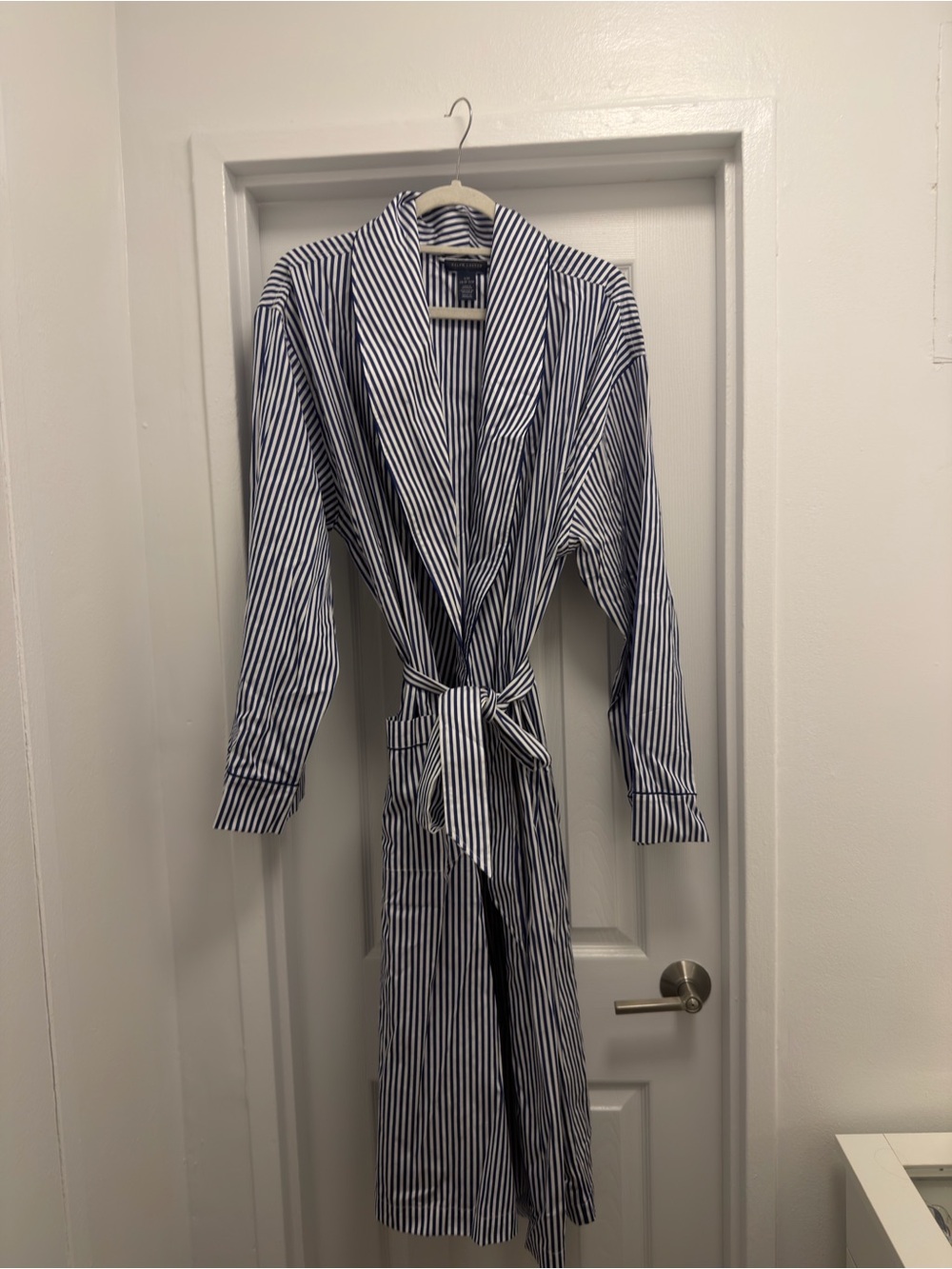 Ralph Lauren Navy & White Vertical-Stripe Poplin Robe